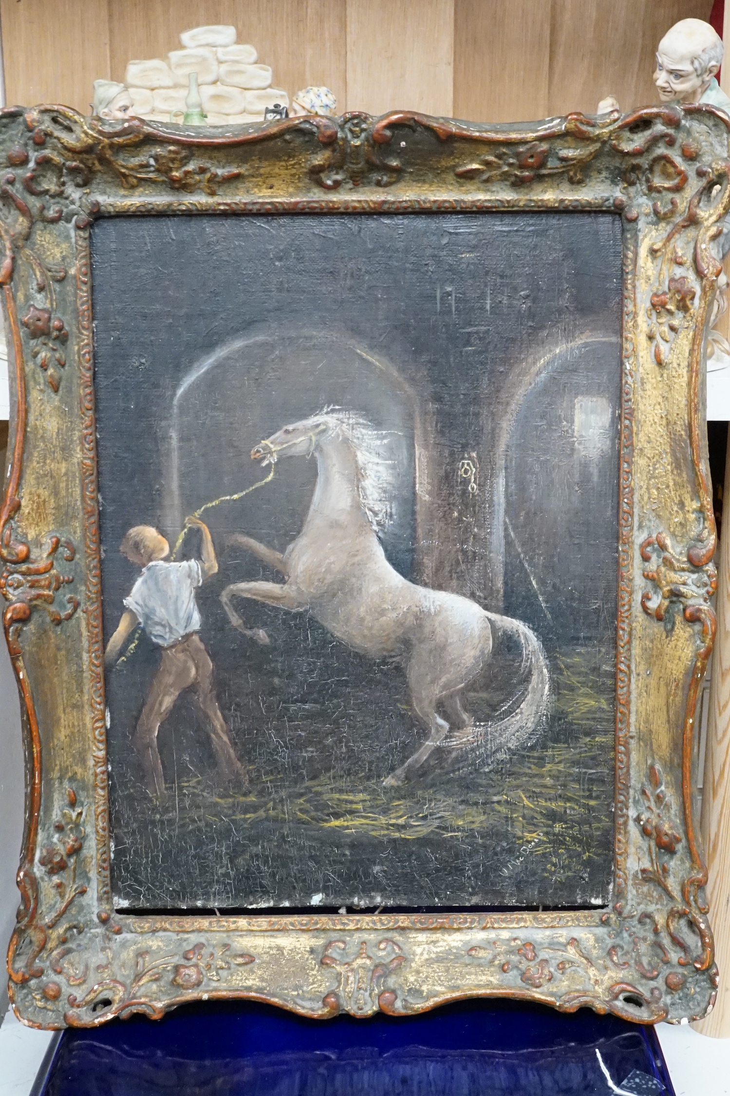 Ursula MacDonald (b.1903), oil on canvas board, Horse and groom, signed, 40 x 29cm